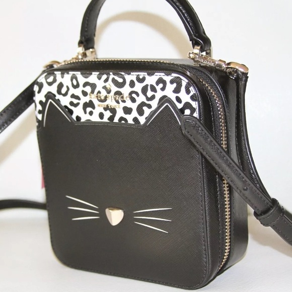 SALE 🏷 Kate spade nwt small cat vanity black leopard meow crossbody purse - Picture 2 of 7